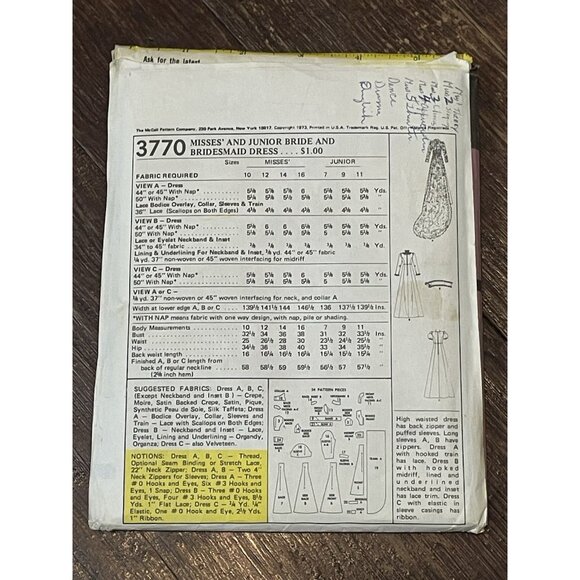 McCall's 3770 Wedding Dress & Bridesmaid Dress Misses Vintage Pattern Size 10 - Picture 2 of 3